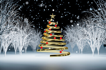 On a cold snowy night a gold spiral Christmas tree is surrounded by frosted forest and white field. 3d rendering
