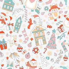 Characters and Christmas elements seamless pattern white