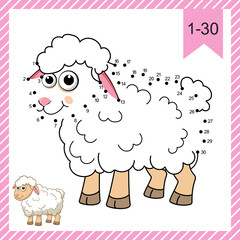 Fototapeta premium Dot to dot. Funny Sheep. Logic Game and Coloring Page with answer. Connect the dots by numbers and finish draw the cartoon cute Lamb. Education worksheet for kids practicing count numbers to 30.