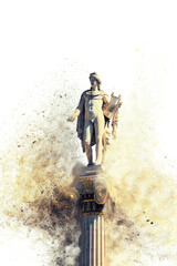 classical Apollo god statue disperse dust effect on white background , Athens, Attica, Greece