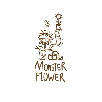 Card with Venus flytrap. Monster plant print. Comic drawing of  predatory flower. Vector doodle image.