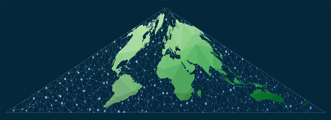 Abstract map of world network. Collignon projection. Green low poly world map with network background. Elegant connected globe for infographics or presentation. Vector.