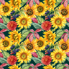 Fototapeta na wymiar Seamless patterns of chrysanthemum, blackberries, sunflowers, leaves. watercolor floral background