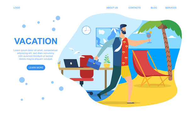 Going on vacation abstract concept. Manager running from office to beach. Dressing up on the run. Flat catoon vector illustration with fictional character. Website, webpage or landing page template