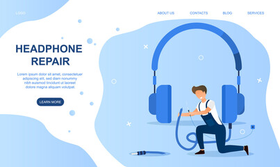 Concept of headphones repair. Handyman worker, master repairing broken earphones, headphones. Repair service. Cartoon flat vector illustration. Website, webpage or landing page template