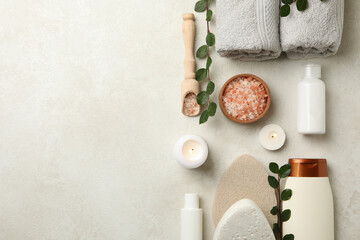Concept of different spa accessories on white background