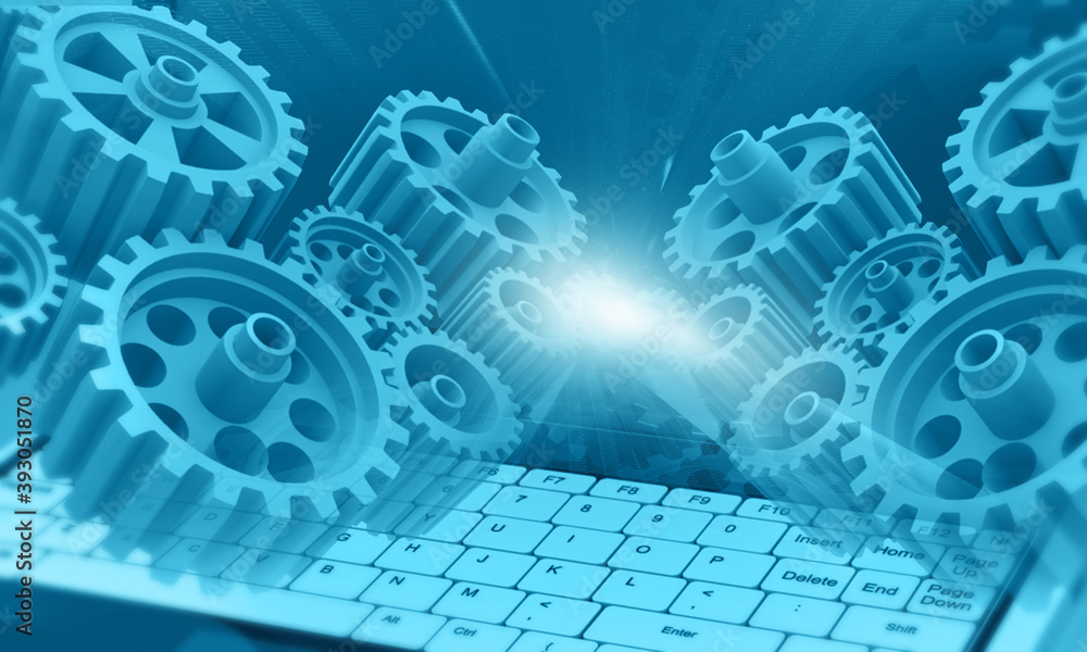 Poster 3d cog wheels on abstract tech background. 3d illustration..