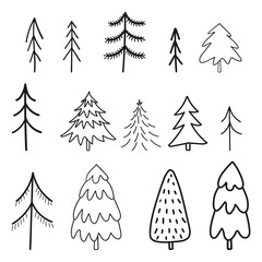 Fototapeta premium Christmas tree doodle icon set. Hand drawn pine and fir trees for Xmas celebration. Winter forest design elements. Vector illustration.