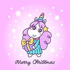Cute Unicorn with a New Year's gift, on a purple background with snowflakes. Text: Merry Christmas! Cartoon vector illustration. It can be used for greeting card, poster, mug and other design.