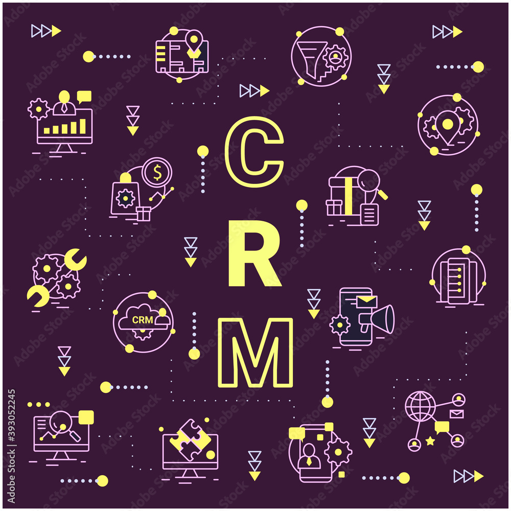 Poster crm system concept. automating workflow process. customer relationship management. word and icons co