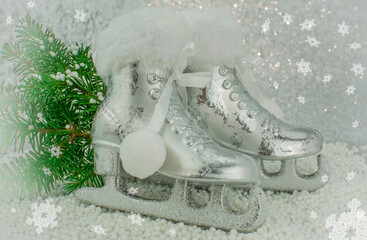 Christmas Ornament on silver background  and Snow.