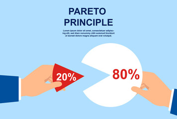 Pareto principle abstract concept. 20 of efforts give 80 of the result. Market share business. Businessmen holding pie chart. Economic financial share profit. Flat cartoon vector illustration. - obrazy, fototapety, plakaty