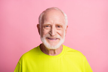 Close up photo of delighted aged person smile look camera wear lime isolated on pink color background