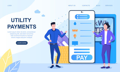 Concept of online payment utilities. Interface of mobile app or application, website, webpage on smartphone. Cartoon flat vector illustration