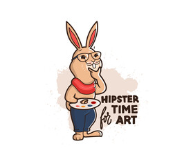 Cartoonish artist rabbit in the scarf with a palette and a lettering phrase