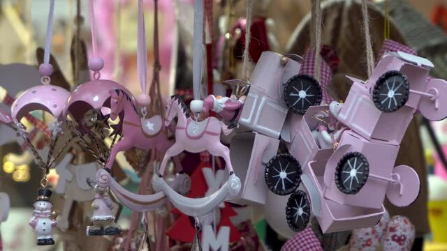 Christmas souvenir toys at the fair,sale of Christmas toy cars at an open fair on the square