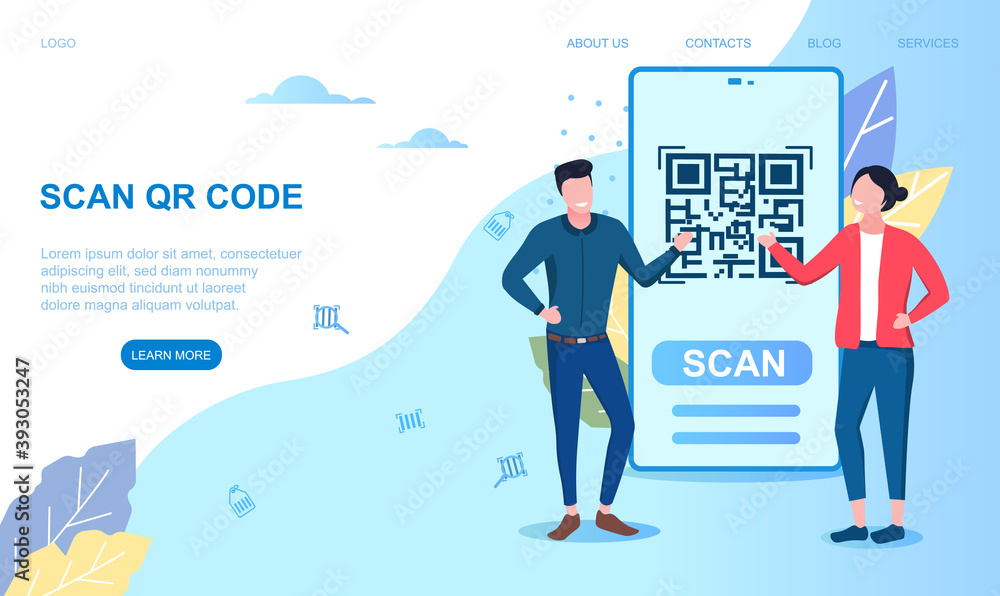 Poster scanning qr code on mobile phone, smartphone. modern digital technology. scanning quick code. flat c