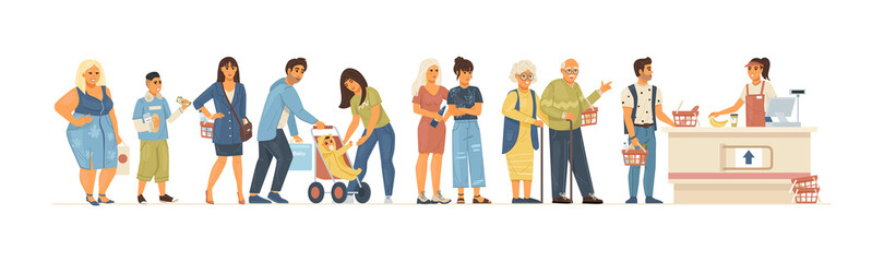 Group people waiting in queue supermarket. Food store elderly couple and man in queue to the cashier. Cashier punches goods at the checkout, customer service cartoon