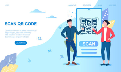 Scanning QR code on mobile phone, smartphone. Modern digital technology. Scanning quick code. Flat cartoon vector illustration with fictional characters. Website, webpage or landing page template