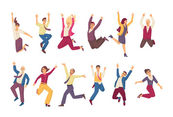 Happy jumping office business peoplе. Office workers corporate employees rejoice at luck, success in teamwork. Fun colleagues at work together jumping smiling. Workers in workplace cartoon
