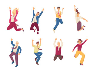 Happy jumping office business peoplе. Office workers corporate employees rejoice at luck, success in teamwork. Fun colleagues at work together jumping smiling. Workers in workplace cartoon