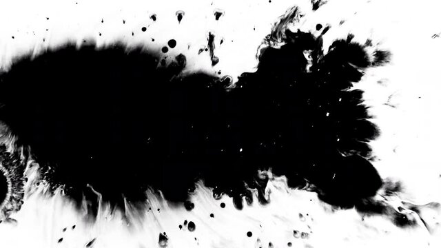 Black watercolor paint drops transition. Set of abstract artistic dye splatters, droplets falling, spreading on white background. Ink bleed and bloom, dripping. Ink mask effect. Spilling black gouache