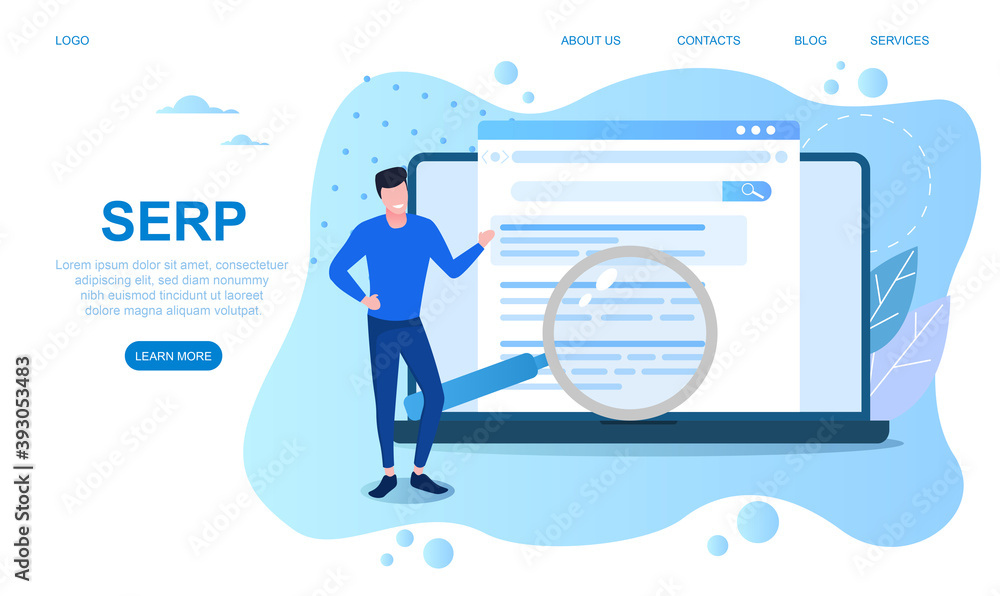 Poster concept of serp. search engine result page for websites, web pages, internet, apps, applications. di