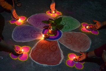 Colorful design of a 'rangoli' during diwali festival in Kathmandu, Nepal.