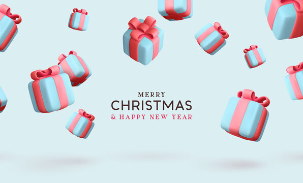Merry Christmas and Happy New Year. Background with realistic festive gifts box. Xmas present. Blue boxes fall effect. Holiday gift surprise banner, web poster, flyer, stylish brochure, greeting card