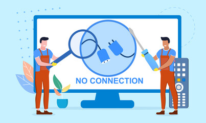Service repair of TVs, smart consoles. Handymen workers, msters repairing broken tv set. Cartoon flat vector illustration with fictional characters