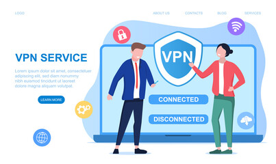 VPN. Virtual private network. Data encryption, IP substitute. Secure VPN connection concept. Cyber security and privacy, personal data protection. Flat cartoon vector illustration. Webste template