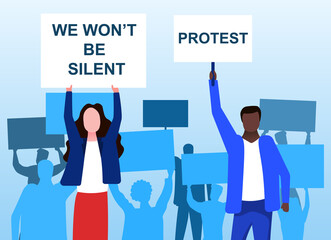We wont be silent. Multiracial woman and man holding protest posters in hands. Group of people in protest. Cartoon flat vector illustration isolated on white background