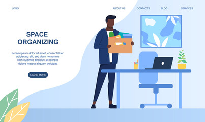 Concept of workplace organization. Businessman with box full of office objects at working place. Cartoon flat vector illustration with fictional character. Website, webpage or landing page template