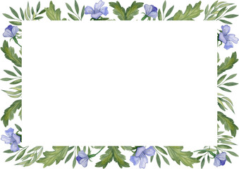 Watercolor frame with green leaves and twigs, blue flowers. Square picture, landscape orientation.