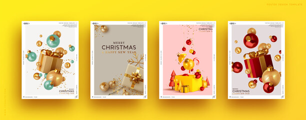 Fototapeta na wymiar Set of Christmas and New Year holiday gift cards. Xmas banners, web poster, flyers and brochures, greeting cards, group bright covers. Design realistic Christmas decoration objects gift box and ball.