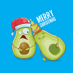 Merry chirstmas vector funky greeting card with with santa claus avocado character and his elf friend on blue background. Vector funny christmas party poster design template