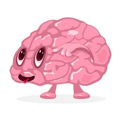 Cute brain with hand, eyes and mouth. Vector human organ emotion with funny faces. Anatomy and intellect idea. Isolated on white background for medicine design