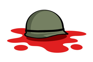 Stain of blood under military and army helmet - death of soldier and combatant after being shot down. Kill in action - casualty and victim in the war. Vector illustration isolated on white.