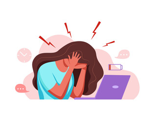Woman with headache, migraine, holding her head cartoon vector illustration