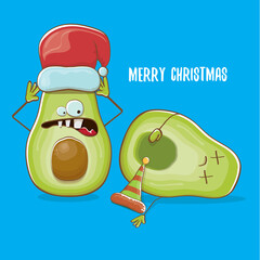 Merry chirstmas vector funky greeting card with with santa claus avocado character and his elf friend on blue background. Vector funny christmas party poster design template