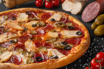 pizza on black background with ingredients