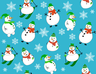 Winter pattern with snowmen and snowflakes. Snowman on skis and in a scarf on blue background. Vector Seamless pattern. can be used for Christmas cards or wrapping paper.