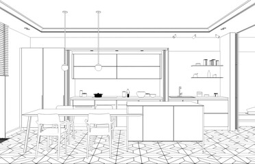 interior contour visualization, 3D illustration, sketch, outline
