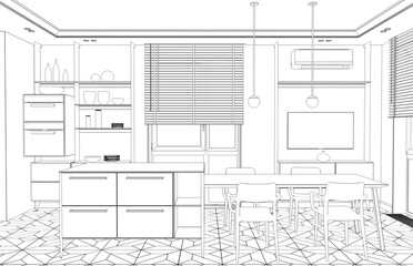 interior contour visualization, 3D illustration, sketch, outline