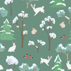 seamless patterns with winter woodland and forest animals