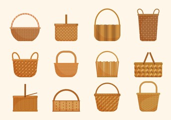 Ethnic wicker baskets set. Large volumes and small basket for berries yellow knapsacks in decorative tracery traditional straw products rustic retro designs ethnic texture. Cartoon vector.