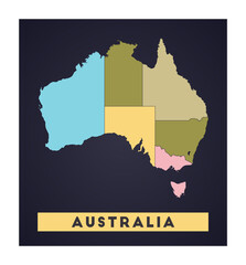 Australia map. Country poster with regions. Shape of Australia with country name. Modern vector illustration.