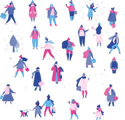 Crowd-people-warm-winter-clothes-walking-street-going-work-talking-phone-women-men-children-outerwear-performing-outdoor-activities-vector-illustration-flat-style | Vector illustration EPS 10.
