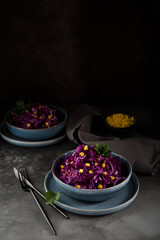 Fresh vegetarian salad with red cabbage and corn on a dark background