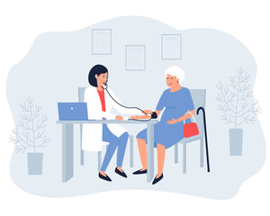 The therapist measures the blood pressure of aged woman. For older people, blood pressure needs to be measured. A pensioner is consulted by a doctor. Flat vector illustration.